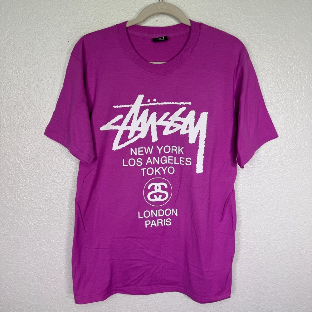 Stussy Shirt Men Medium World Tour Cities Tokyo Graphic Streetwear Berry Purple